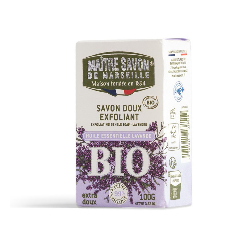 Maitre Savon de Marseille mydło organiczne BIO Złuszczające Peelingujące LAWENDA 100g